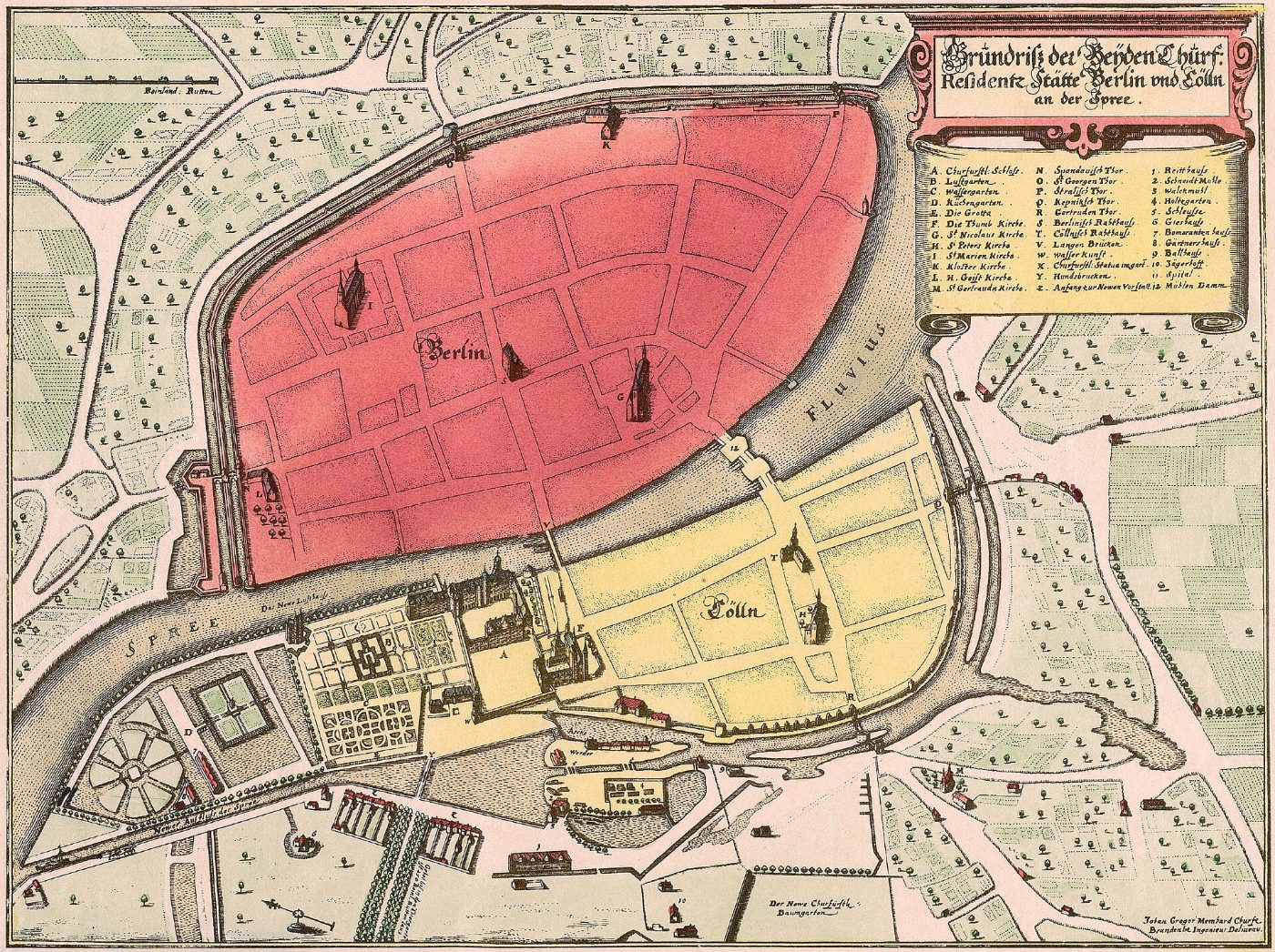 Kolorierter Stadtplan von Berlin und Cölln an der Spree, Berlin rot, Cölln gelb, dazwischen die Spree