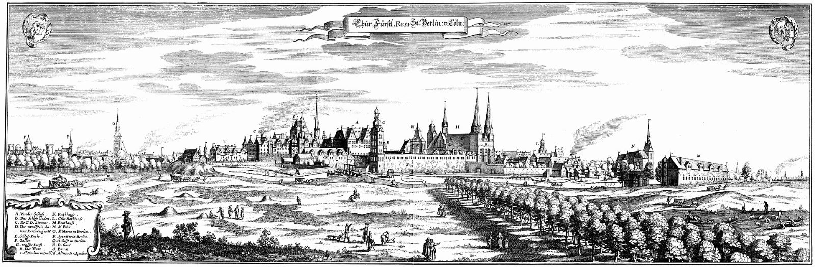 Kupferstich: Ansicht von Berlin und Cölln aus Nordwesten mit Schloss, Kirchtürmen und Stadtmauer, 1652